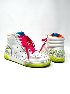 Chanel White Leather Pink Blue Green Neon High Top Platform Sneakers Shoes 36.5